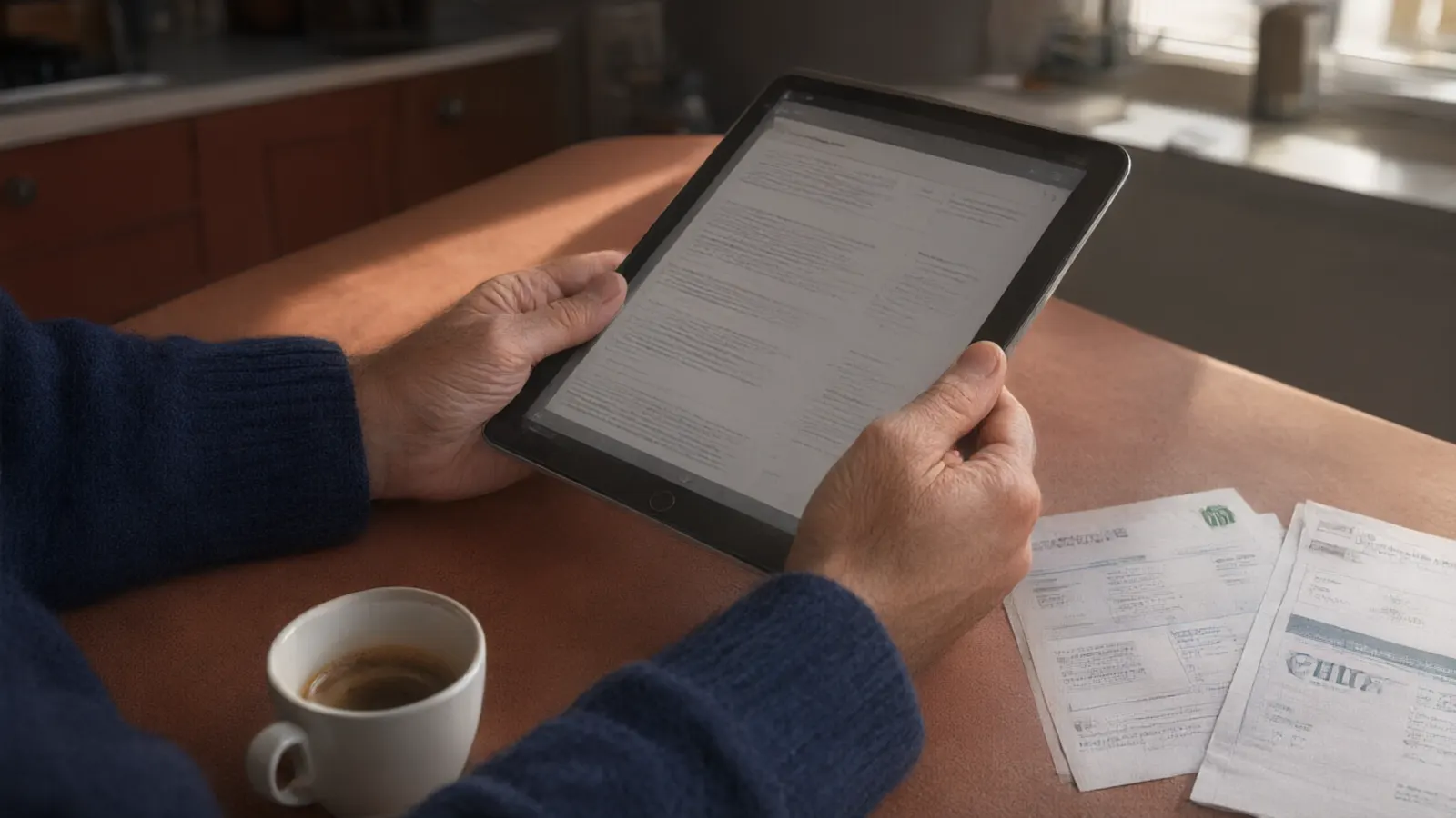 Le mani di un padre tengono il tablet con la guida aperta, accanto il caffè e le bollette italiane