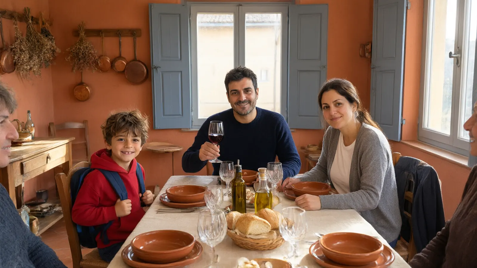 Pranzo di benvenuto: lui a capotavola col bicchiere alzato, la moglie e il figlio accanto
