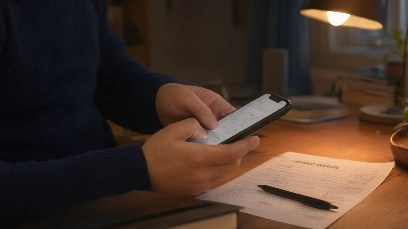 Le mani sul telefono, sul tavolo un modulo delle tasse italiano e una penna