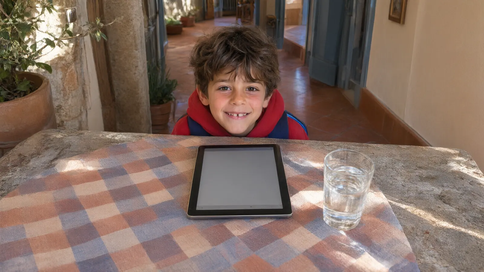 Il tablet con la guida sul tavolo di un cortile del Sud, il figlio che sbircia